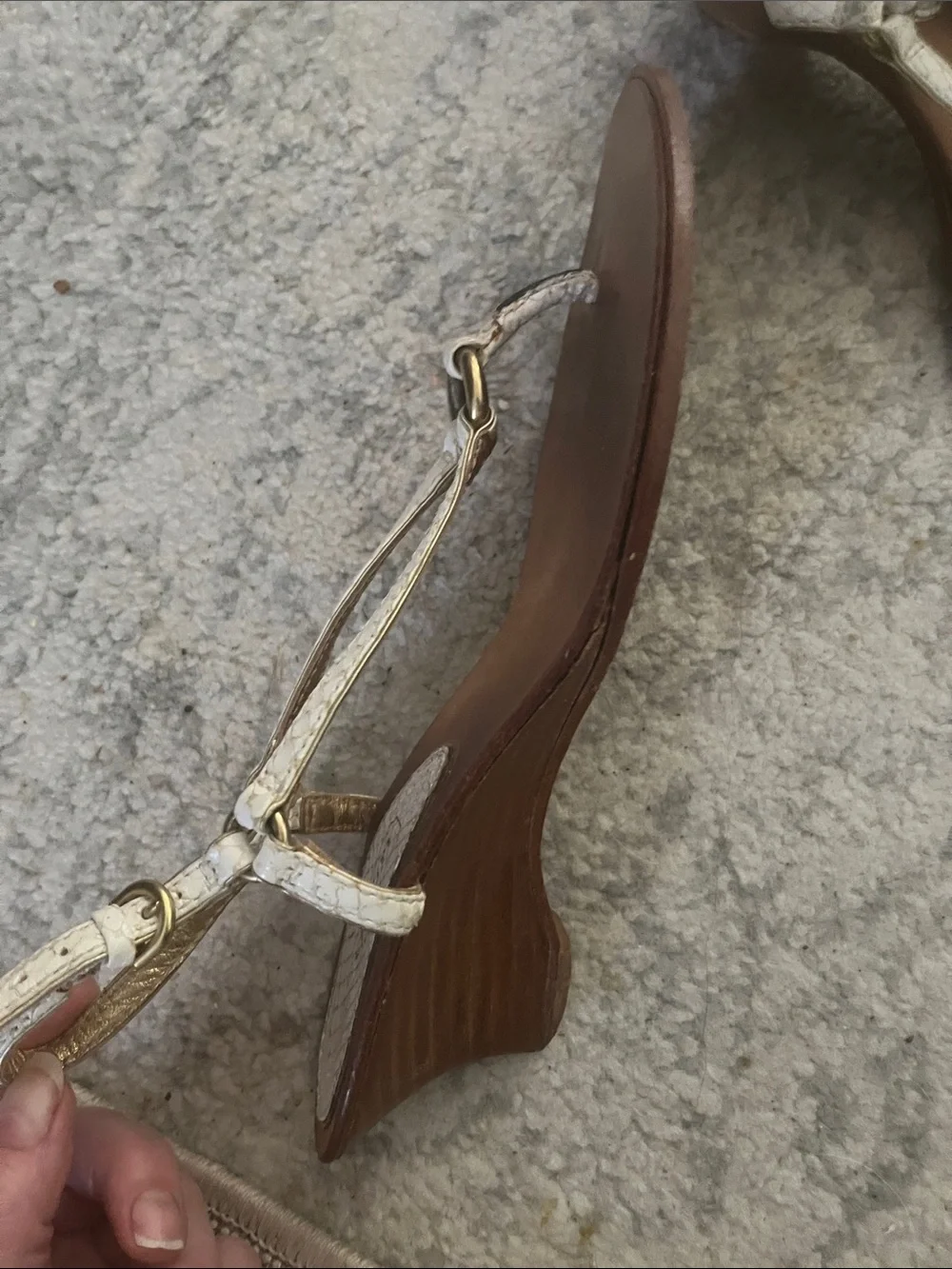 Coach White Snake-Embossed Leather T-Strap Sandals with Gold Hardware